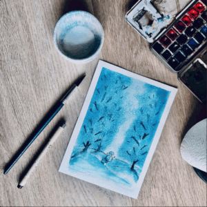 Foto van een aquarelschildering met een winterlandschap door a Girl in the Field